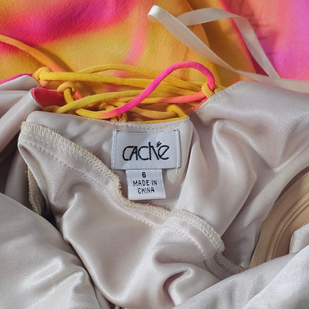 Cache Vintage Y2K Silk Midi Dress 6 Halter Empire Yellow & Pink Corset Back - Picture 7 of 15